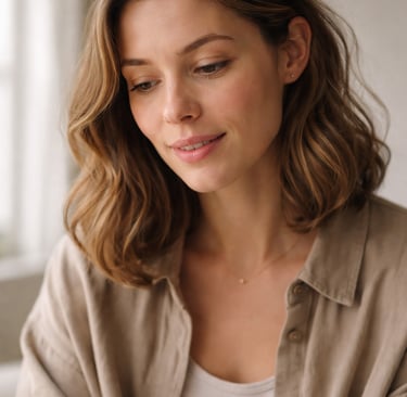 Young woman with wavy brown hair wearing a beige linen shirt looking down with a gentle smile.