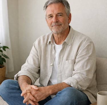Portrait of a smiling mature man sitting in a relaxed pose wearing a linen shirt and jeans.