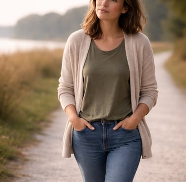 A woman walking on a park path wearing a tan cardigan, green shirt, and blue jeans.