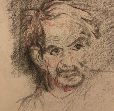 Charcoal and red chalk portrait drawing of Persian poet Shariar. a beard.
