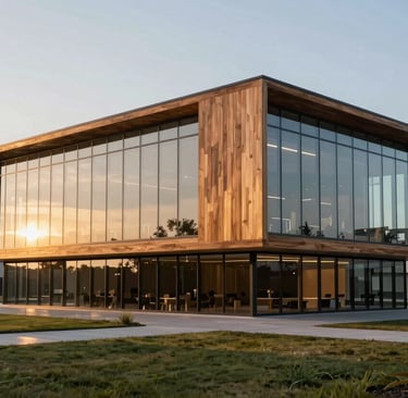 A high-resolution, sophisticated photo of a sleek, modern innovation hub made of glass and wood, set in a North American landscape during golden hour.