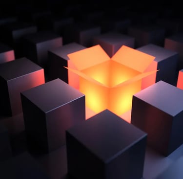 A glowing open box is surrounded by closed grey boxes.