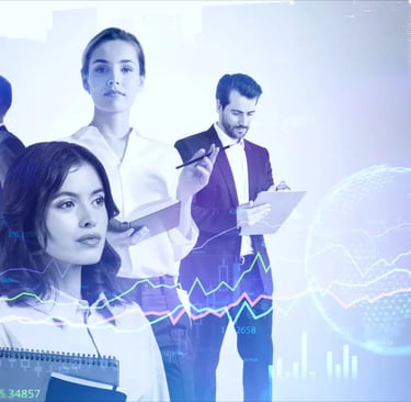 4 busines speople working with analyzing figures and numbers.