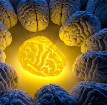 A yellow glowing brain in the middle of darker brains, illuminating them.