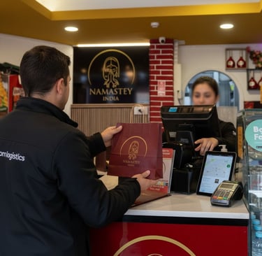 A delivery driver picking up a Namastey India takeout bag from a restaurant counter.