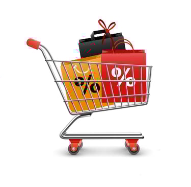 Illustration représentant un caddie et des sacs de course évoquant les commerçants