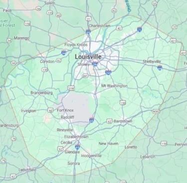 Roofing service areas map showing Louisville KY and surrounding communities served by Robert Hodges Roofing