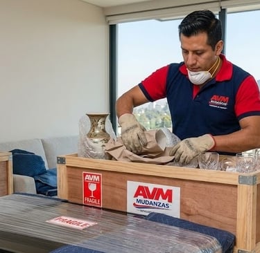 Operador de AVM Mudanzas realizando el empaque profesional de una pantalla y objetos frágiles