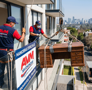 Personal de AVM Mudanzas realizando un volado de muebles seguro en un edificio de la CDMX.