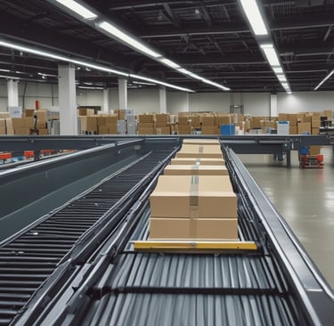 A professional technician inspecting a crossbelt sorter system in a logistics warehouse.