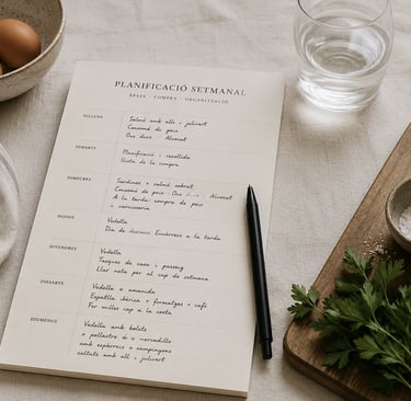 Handwritten weekly meal planner on a dining table with fresh eggs, herbs, and a glass of water.