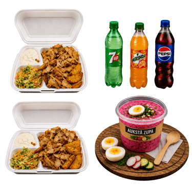 Pusdienu komplekts, kebaba gaļa, kartupeļi ar mērci un salātiem, 7up, mirinda, pepsi, aukstā zupa..