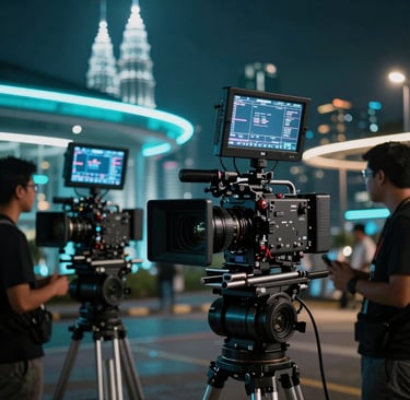 Cinematic film set in Kuala Lumpur, Malaysia at night, featuring sleek professional film cameras and high-tech production monitors. Vibrant cyan neon lighting elements highlight the futuristic atmosphere, while members of a Malaysian crew are visible in soft focus. High-contrast, moody visual effects studio environment.