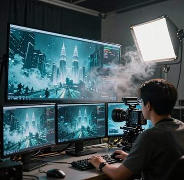 A cinematic behind-the-scenes film set in Kuala Lumpur, Malaysia. A director watches multiple large digital monitors displaying rendering sci-fi visual effects in deep teal and neon white. Volumetric mist, dramatic studio lighting, professional anamorphic cinematography.
