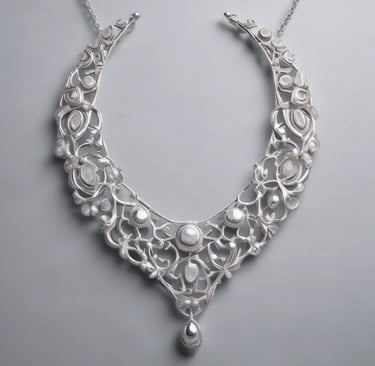 Close-up of a delicate 92.5 silver necklace with intricate Johari Bazaar-inspired motifs, resting on a rustic wooden surface.