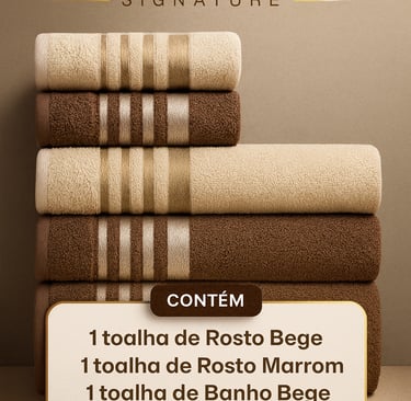 Kit com quatro toalhas nas cores bege e marrom empilhadas, com detalhes listrados e textura macia.”