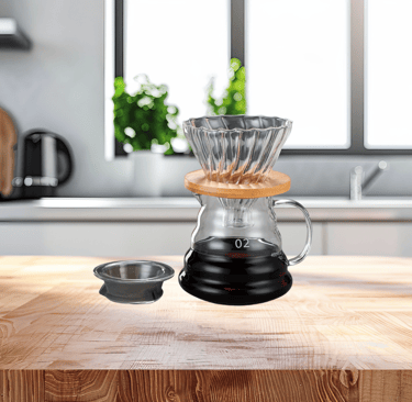 Cafeteira de vidro borossilicato com filtro e café preparado sobre bancada de madeira.