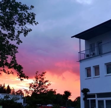 Modern apartment building balcony against a vibrant pink and orange sunset sky with tree silhouettes.