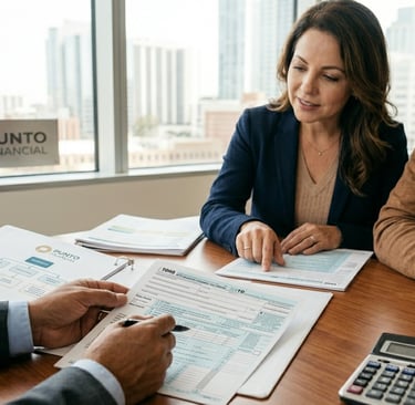 Asesor de Punto Financial analizando un formulario tributario 1099-R de anualidades