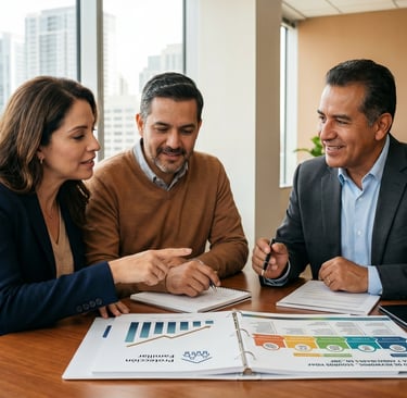 Pareja hispana en USA hablando de protección familiar con mentor financiero. 