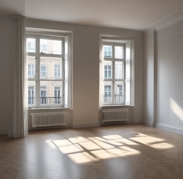 Freshly painted modern living room with bright white walls and neat finishing.