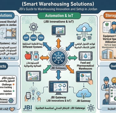 Infographic showing smart warehousing solutions including automation, IoT, and storage engineering in Jordan.