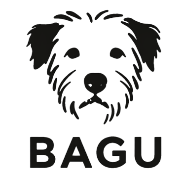 Minimalist black dog logo with the brand name BAGU displayed in bold text below a scruffy terrier face.