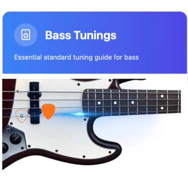 Essential standard bass tuning guide featuring a close-up of a bass guitar with orange picks.