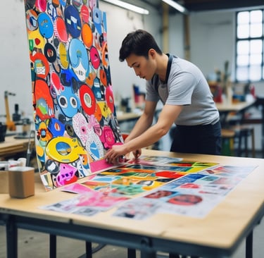 A friendly workshop scene showing a skilled craftsman creating a metal sign inside a bright, organized space.