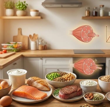 Assorted high-protein foods for muscle growth including salmon, eggs, and lean meats on a kitchen counter.