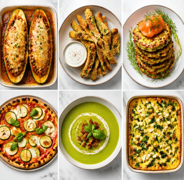 A variety of healthy zucchini recipes including stuffed boats, fritters with salmon, and green soup.