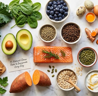 Flat lay of 15 nutrient-dense foods including fresh salmon, kale, avocado, and blueberries on a marble surface.