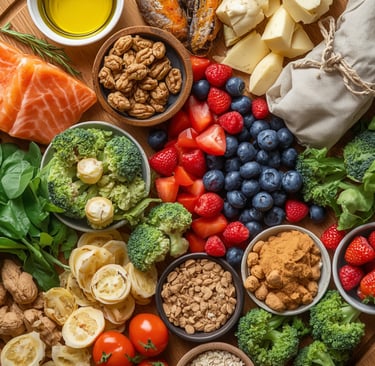Overhead view of a Mediterranean diet platter with fresh salmon, berries, broccoli, and nuts.