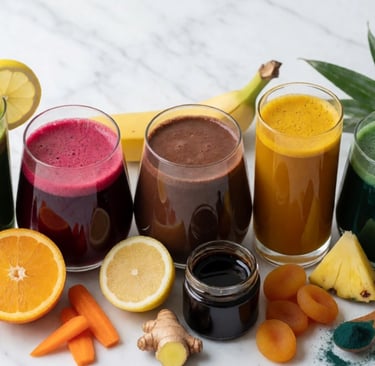Assorted healthy fruit and vegetable smoothies in glasses with fresh ingredients on a marble surface.