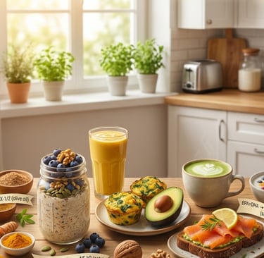 Healthy anti-inflammatory breakfast spread with overnight oats, salmon toast, avocado, and turmeric on a kitchen table.