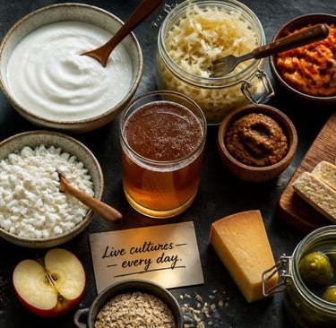 A variety of probiotic-rich fermented foods like yogurt, kefir, kombucha, sauerkraut, and tempeh.
