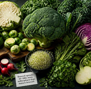 A flat lay of fresh cruciferous vegetables including broccoli, kale, sprouts, and radishes on a dark surface.