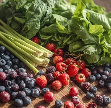 Fresh assortment of blueberries, strawberries, and green leafy vegetables on a rustic wooden table.