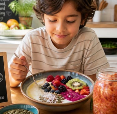 A young boy eats a healthy yogurt bowl with fresh berries and seeds for gut health and a happy mind.
