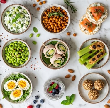 Variety of healthy snack bowls with hummus, boiled eggs, edamame, and protein balls on marble.