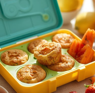 Healthy vegetable muffins and sliced carrots in a colorful bento lunch box for kids.