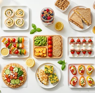 Variety of healthy snack ideas and meal prep appetizers including wraps, skewers, and bento boxes on a white background.