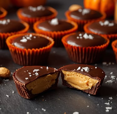 Homemade dark chocolate peanut butter cups with sea salt on a slate surface.