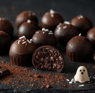 Gourmet dark chocolate truffles with a flaky sea salt topping and a small white ghost candy.