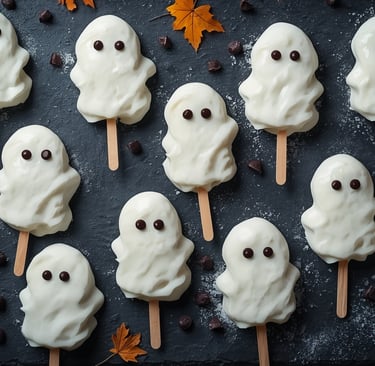 Greek yogurt ghost cake pops on a dark slate board with Halloween decorations and chocolate chips.