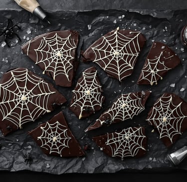 Dark chocolate Halloween bark pieces with white chocolate spider web designs and sea salt.