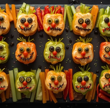 Halloween vegetable platter featuring bell pepper monster faces with hummus and fresh veggie sticks.
