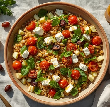 A Mediterranean farro salad with cherry tomatoes, feta cheese, and fresh basil in a ceramic bowl.