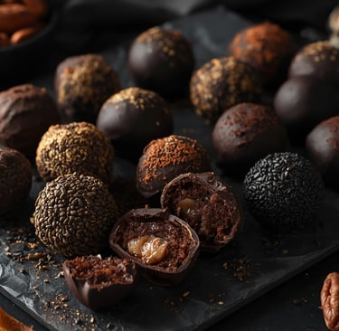 Assorted gourmet dark chocolate truffles with caramel filling and nut toppings on a slate tray.