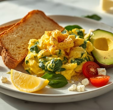 Scrambled eggs with spinach and avocado served with whole wheat toast on a white plate.